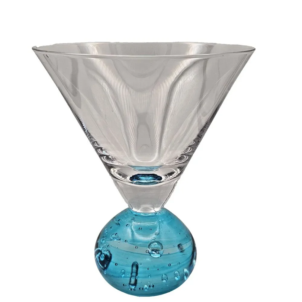 Two Martini Glasses Handblown With Intentional Bubbles Blown Into Turquoise Base
